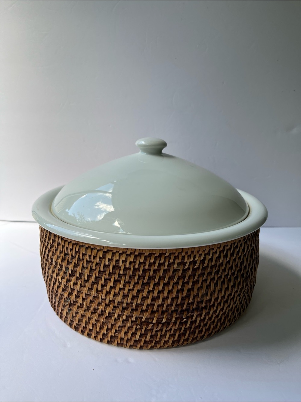 Crate & Barrel 10" White Stoneware Casserole Dish with Lid & Wicker Basket